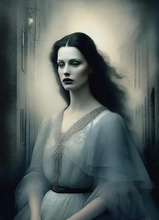 Prompt: The pretty mysterious woman with beautiful face, art by  Daria Endresen, Thomas Ruff, Cristobal Balenciaga, Sarah moon, Monia Merlo, Nelleke Pieters, Elger Esser. Night Foggy Empty street background, rim lighting reflection, 3d, watercolors and ink, beautiful, fantastic view, extremely detailed, intricate, best quality, highest definition