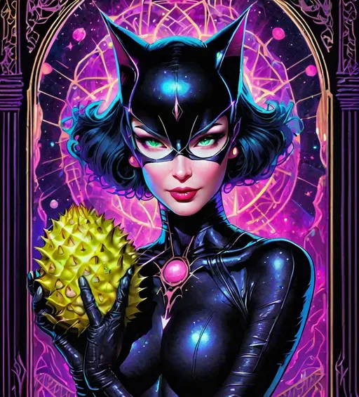 Prompt: Beautiful Catwoman sorcerer Magic Blacklight Neon Durian Tarot card full art 