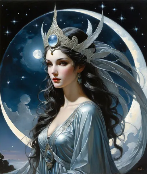 Prompt: Beautiful moonlight goddess, she is all that, Rie Cramer, Mike Dargas, Howard Chandler Christy, Michael Creese, Thomas Ascott. Extremely detailed, intricate, beautiful, high definition