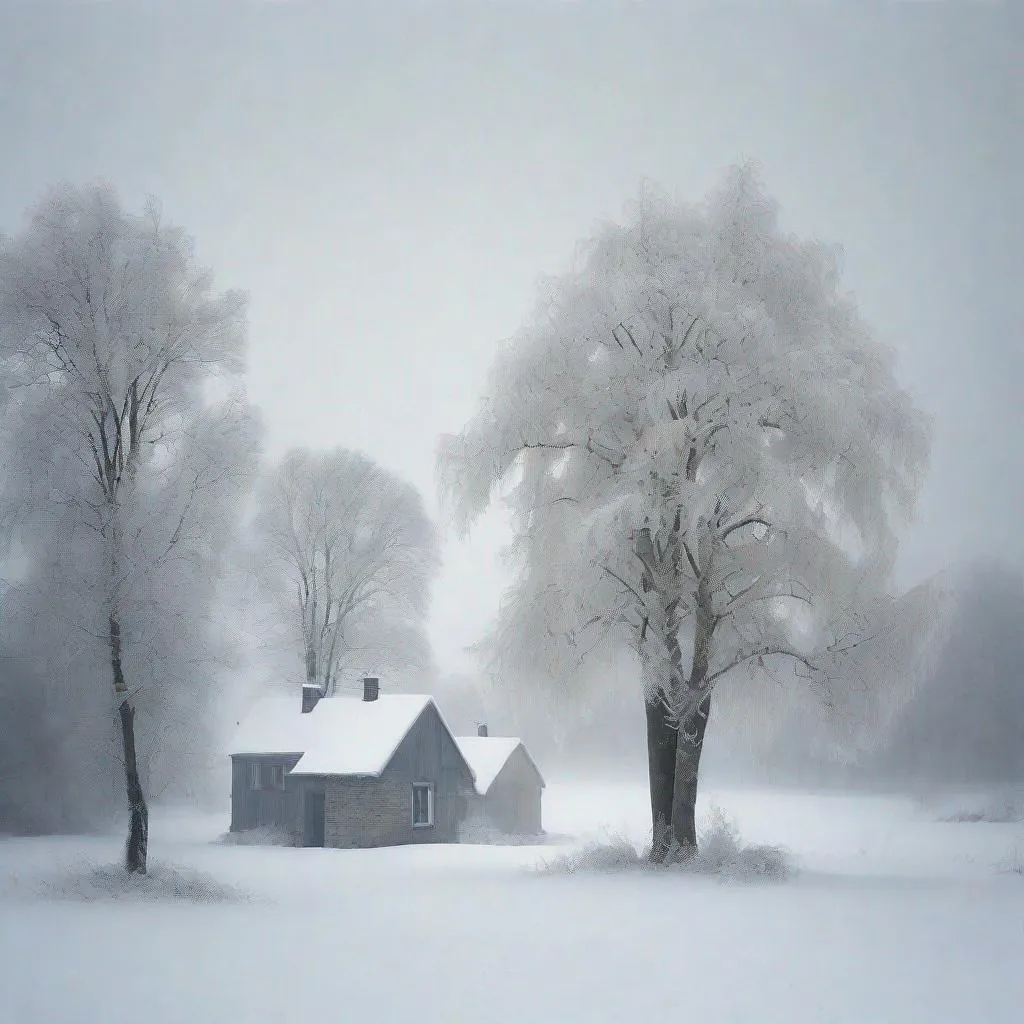 Prompt: Winter landscape, snow blizzard, an isolated village, trees covered with snow, a sense of peace, tranquility and a hauntedly beauty In style of Akos Major, Carsten Meyerdierks, Lee Madgwick. 
elegant intricate beautiful award winning fantastic view ultra detailed, high definition 