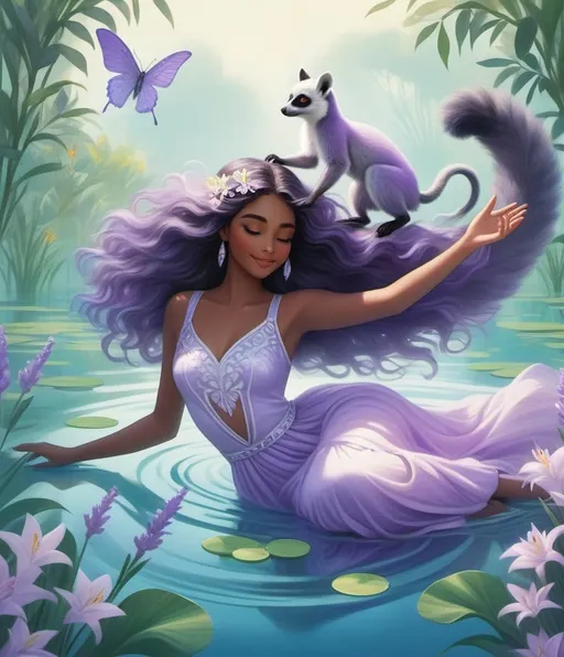 Prompt: Luna, a luminous girl with lustrous locks, lounges lazily atop a lagoon, while a leaping lemur, adorned with lavender leaves, leaps lithely beside her, amidst lilting lilies and lavender mist, art by Loie Hollowell, Cathy Locke, Lalla Essaydi, Lucia Rafanelli, Pablo Lobato