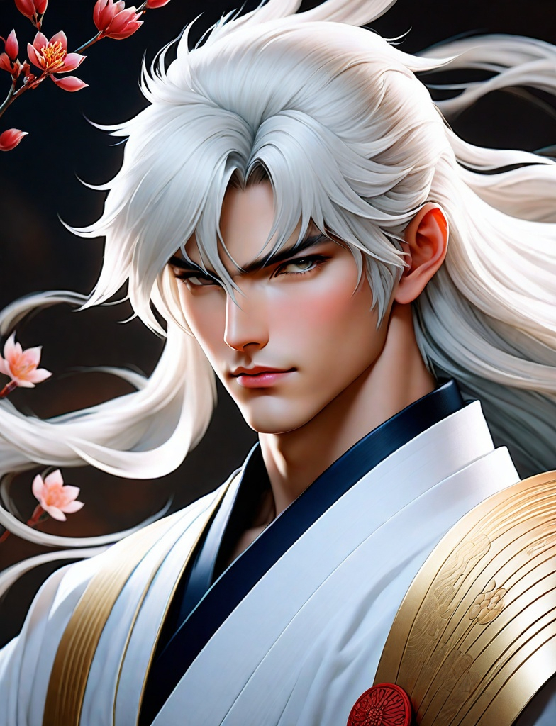 Prompt: sesshoumaru as a realistic very handsome man. Photorealistic Art by Daniel gerhartz, josef kote, Luis Ricardo Falero, artgerm , Tom Bagshaw, Vincent Van Gogh , Katsushika Hokusai, artstation's huang guangjian, gil elvgren, sachin teng, Viktoria Gavrilenko. Photorealistic, 3d, extremely detailed