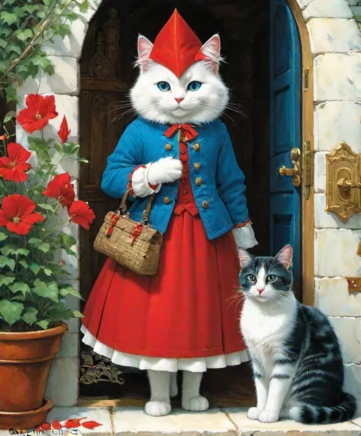 Prompt: Charming cute Curious Carol, compassionate consciousness, cat city company, cardinal, Capri blue, cerise classy clothes, art style by Catherine Holman, Bill Carman, Charles Vess, Childe Hassam, Clara Peeters