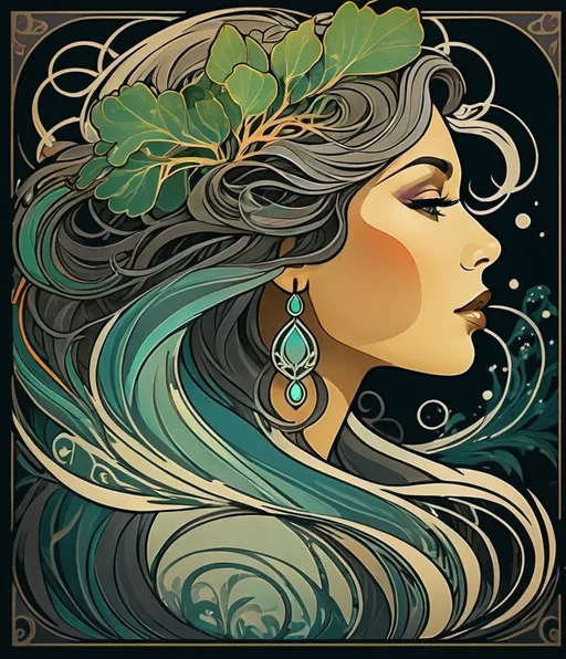 Prompt: Psychedelic Concert Poster inspired my Alphonse Mucha. Intertwined mangrove roots. Profile of a beautiful woman. Smoke swirls around her flowing hair. She has a satifsied look. Dark background.