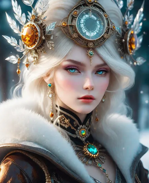 Prompt: A stunningly gorgeous bifrost Nordic platinum blond ice queen Russian steampunk queen, richly decorated bejewelled clothes in rich warm tones, dynamic pose, in the style of flora borsi, ilya kuvshinov, cold and detached atmosphere 