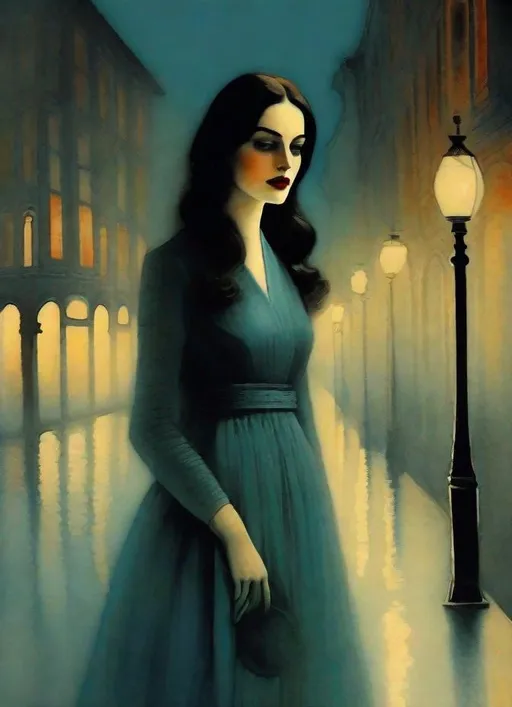 Prompt: The pretty mysterious woman with beautiful face, art by  Rimel Neffati, Cristobal Balenciaga, Monia Merlo, Nelleke Pieters, Elger Esser. Night Foggy Empty street background, rim lighting reflection, 3d, watercolors and ink, beautiful, fantastic view, extremely detailed, intricate, best quality, highest definition