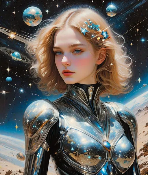 Prompt: Very beautiful Alien woman holding space debris and stars, Petra Collins, Sandra Chevrier, cosmic dream 