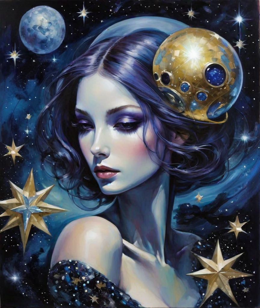 Prompt: Very beautiful Alien woman holding space debris and stars, Dorina Costras, Sandra Chevrier, Whimsical style, 