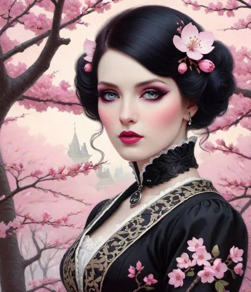Prompt: modern gothpunk pink girl in cherry blossom sakura viewing spring:: victorian goth fashion for pixie-faeiries, Cameo, tom Bagshaw, Cathy Locke, H. A. Brendekilde, Jessie M. King, Peter Nottrott