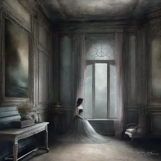 Prompt: A very beautiful dreamy ghostly young lady, very pretty face, remains alone and eternally sad in her haunted Victorian Old mansion waiting for her long lost love to return art by Daria Endresen, John Reuss, Lin Fengmian, Robert Ryman, Elger Esser, Rimel Neffati. 3d, watercolors and ink, beautiful, fantastic view, extremely detailed, intricate, best quality, highest definition