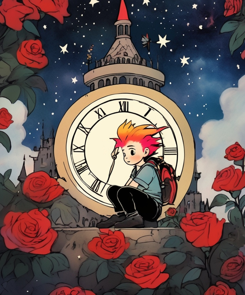 Prompt: in the style of sumi-e Outside a grand castle under a starry sky a cute adventurer with a rainbow mohawk gazes at a celestial time clock surrounded by red and black roses 