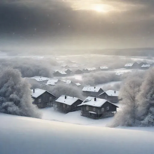 Prompt: Winter landscape, snow blizzard, an isolated village, trees covered with snow, a sense of peace, tranquility and a hauntedly beauty, Twilight rays, a midnight eerie sun, In style of Akos Major, Carsten Meyerdierks, Lee Madgwick. 
elegant intricate beautiful award winning fantastic view ultra detailed, high definition 