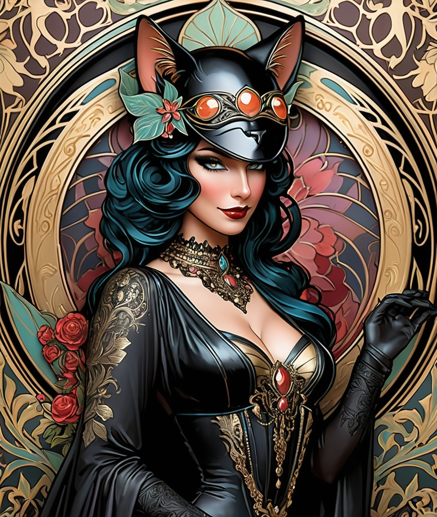 Prompt: vaudeville black cat art in the style of alphonse mucha. 3d, extremely detailed 