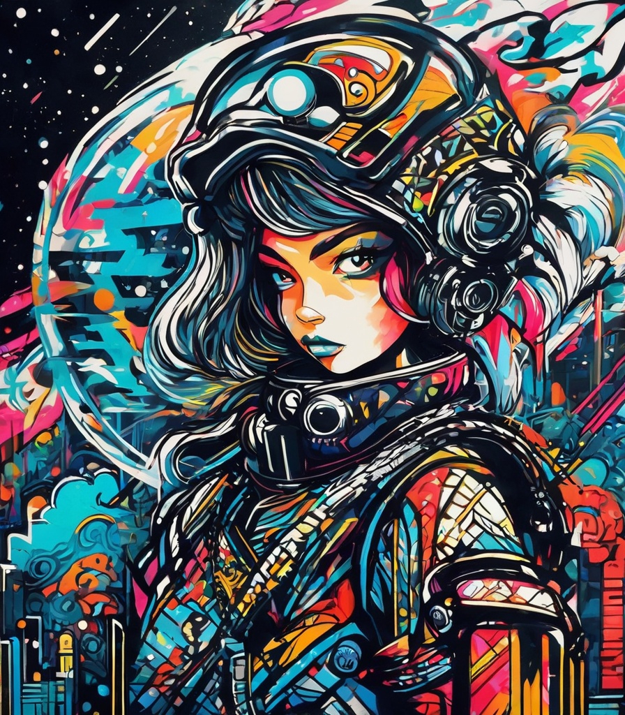 Prompt: She is mix Baroque & graffiti styles with spacestation enviorment. 