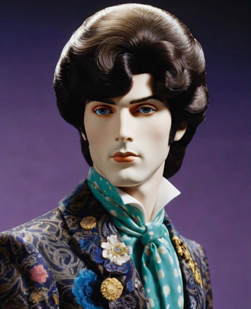 Prompt: maximalist Will-o'-the-wisp bifrosted prince of the fornasetti heaven, by laurie simmons, minimal male figure in huge 1970s hairstyle 