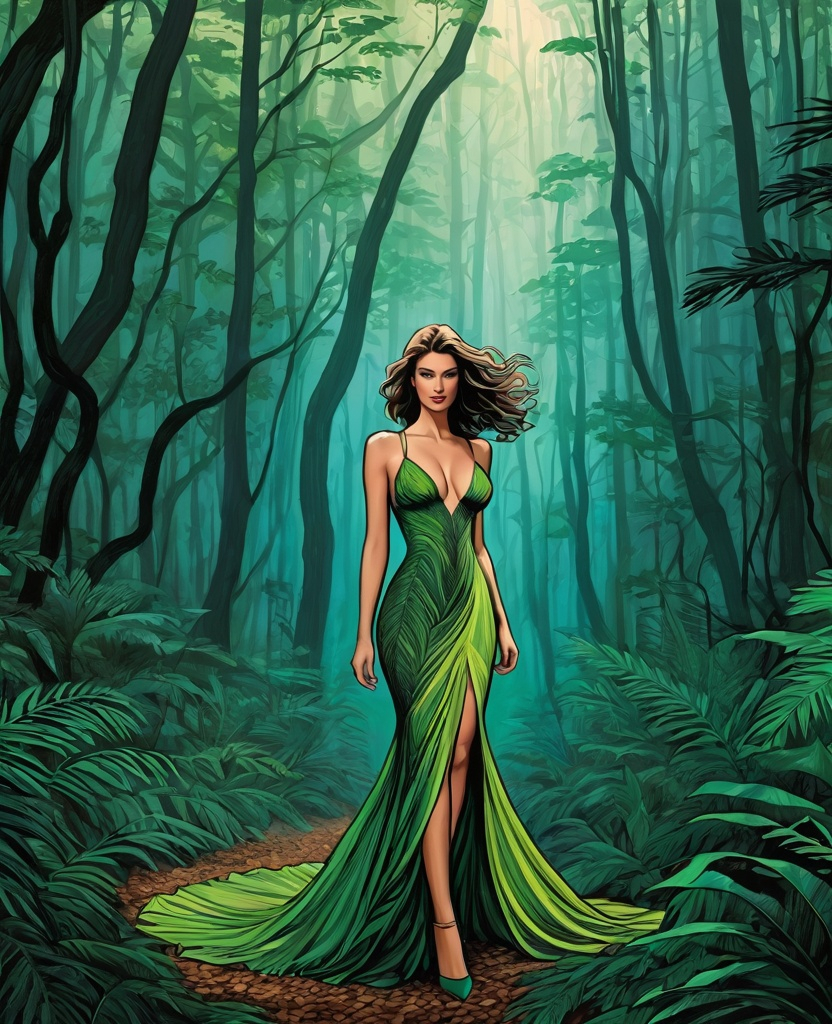 Prompt: carboniferous forest filled with beautiful woman in the art style of Corrado Vanelli 