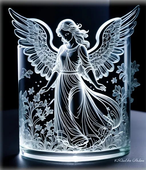 Prompt: Angel, cloud background, laser etched glass 