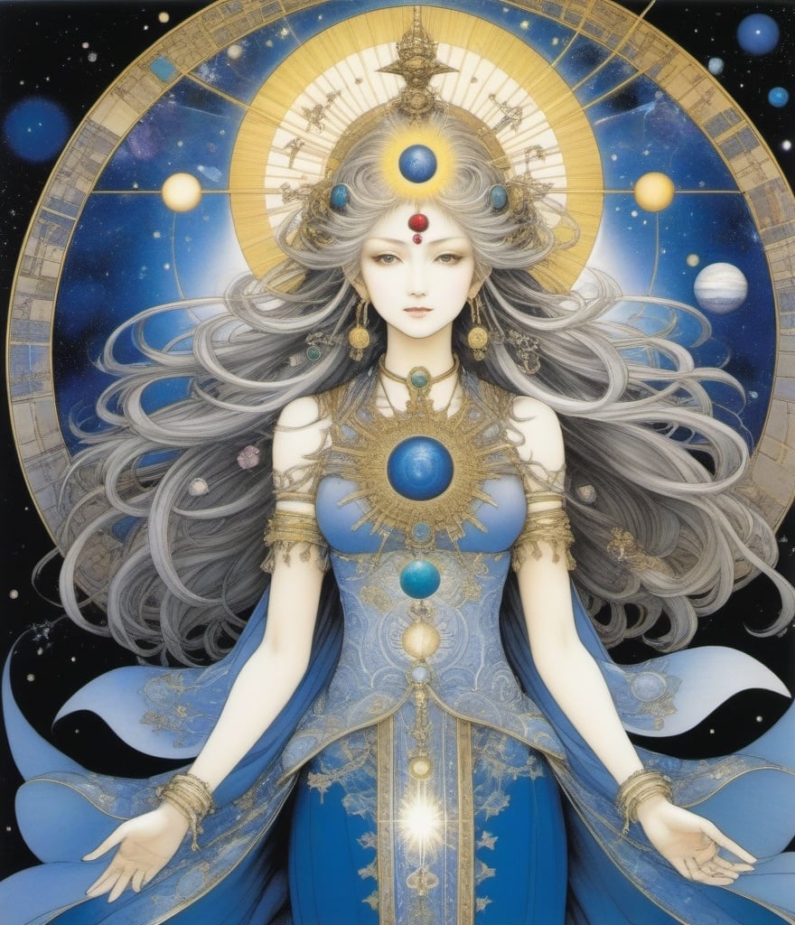 Prompt: heliocentric goddess by yoshitaka amano emanating the universe