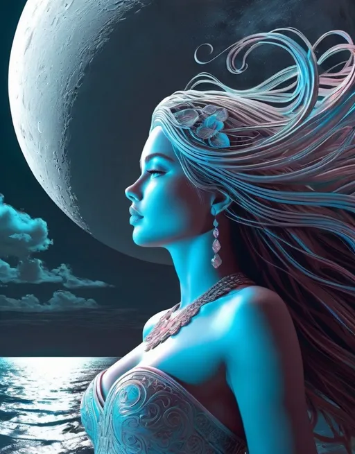 Prompt: Beautiful moonlight goddess, she is all that, Anaglyph, surreal dream. Extremely detailed, intricate, beautiful, high definition 