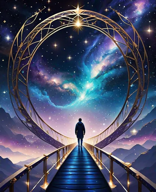 Prompt: imagine an artistic representation of a person standing on the Bifrost bridge, extending into a cosmic odyssey. The bridge adorned with intricate patterns, leading to a starlit sky. The person, wearing earthly tones, gazes up in awe. Colors: Deep blues, purples for the night sky, accented with gold and silver stars. Style: Blend realism and surrealism, using intricate linework for the bridge, and a more detailed style for the person, capturing the magical essence of their journey 