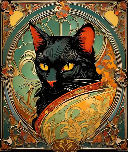 Prompt: vaudeville black cat art in the style of alphonse mucha. 3d, extremely detailed 