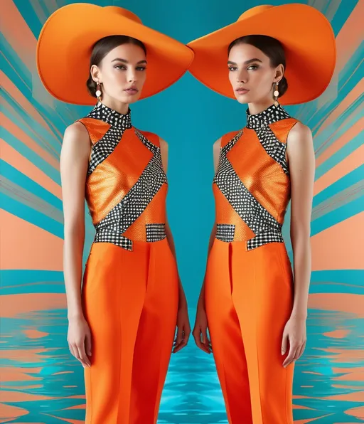 Prompt: Twin reflections, fashion photoshoot and abstract digital montage by mi-zo, color by Amy Tangerine, rattan style by Antoni Gaudì, Salvador Terán, Alice and Olivia 