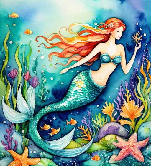 Prompt: calypso mermaid, whimsical watercolors, impasto, 