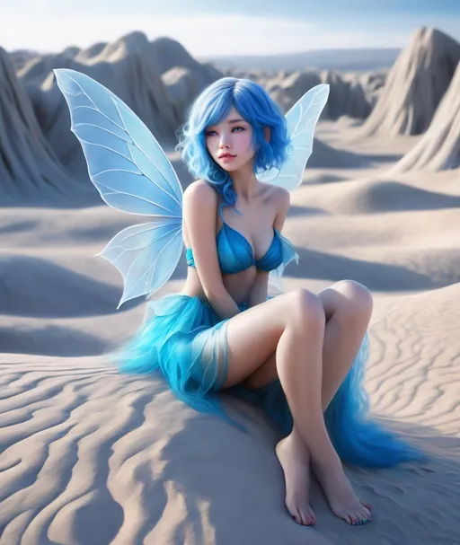 Prompt: photo-realistic beautiful slender hyper-feminine female blue-haired fairy sitting in a desolate bentonite moonscape