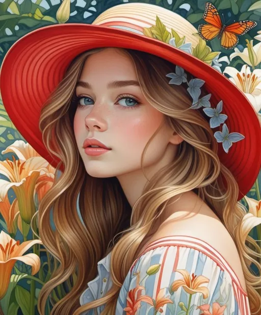 Prompt: Pretty girl in the style of jocelyn hobbie, Stephanie Law, Ferris Plock, red stripe big hat, sunny day, garden of lilies, fantastic coloring, it's a nice day for outdoor, birds, butterflies, a breeze is blowing her light wavy hair, beautiful portrait of a beautiful girl, extremely detailed, high definition, 