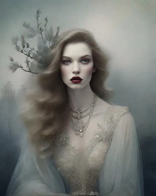 Prompt: The pretty dreamy heartbroken woman with beautiful face, art by Monia Merlo, Valentino garavani, Inna Mosina, Angus McBean, eksa Bleda, Elger Esser. Foggy Empty street background, Cold colors pallet, rim lighting reflection, 3d, watercolors and ink, beautiful, fantastic view, extremely detailed, intricate, best quality, highest definition