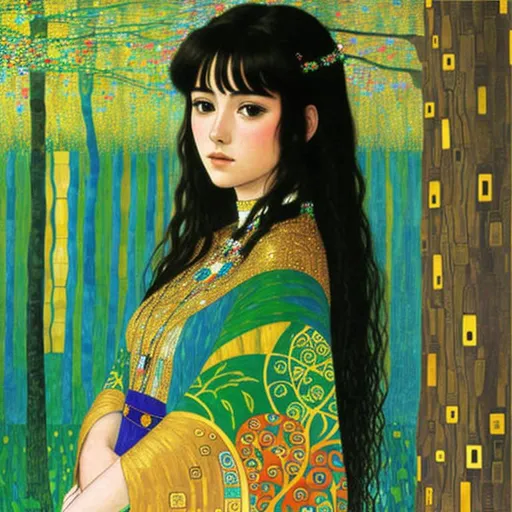 Prompt: The beautiful young lady, She comes in colors everywhere She combs her hair She's like a rainbow Coming, colors in the air Oh, everywhere She comes in colors, Gustav Klimt, Carboniferous Forest