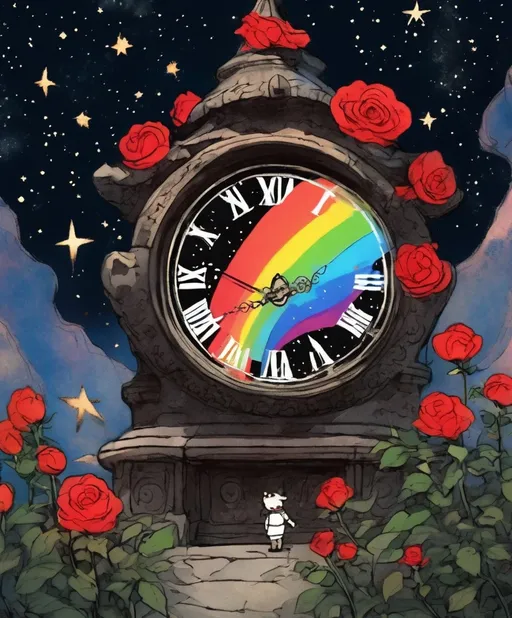 Prompt: in the style of sumi-e Outside a grand castle under a starry sky a cute adventurer with a rainbow mohawk gazes at a celestial time clock surrounded by red and black roses 