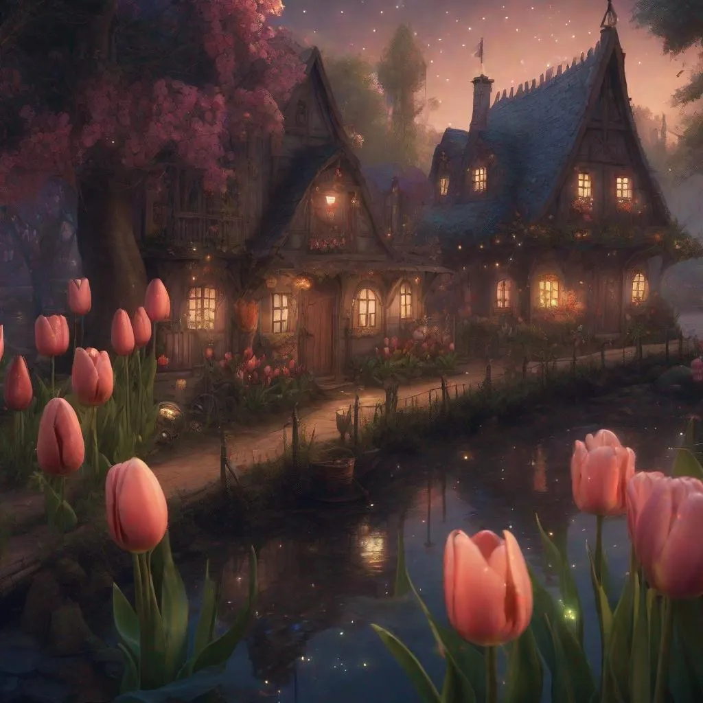 Prompt: quaint village in the bayou kingdom, tulips, fireflies, magical, fairytale aesthetic, sparklecore, fantasy mapping, fantastic realism