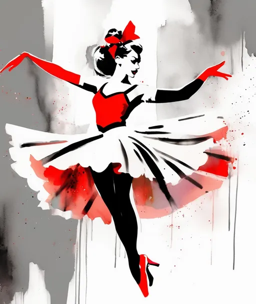 Prompt: a beatnik ska trash polka young lady ballerina, flirting, watercolores, black, gray, white and red, with big attitude, on vaudeville stage