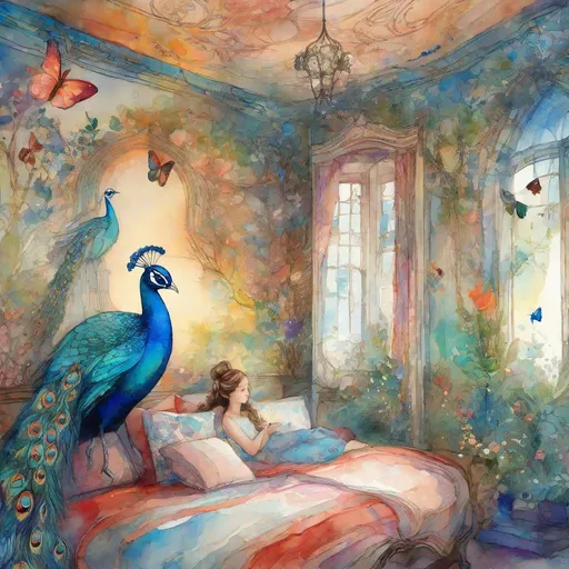 Prompt:  A cute girl in magical fantastic bedroom with whimsical animals , a colorful peacock, butterflies and art by Florence Harrison, Yulia Brodskaya, catrin Welz Stein, Rosalba Carriera, pol Ledent, Doug Chinnery, Maud Lewis, Valerie Hegarty, Endre Penovac, Justin Gaffrey. inlay, watercolors and ink, beautiful, fantastic view, extremely detailed, intricate, best quality, highest definition, rich colours. intricate beautiful dynamic lighting award winning fantastic view ultra detailed 4K 3D high definition hdr 