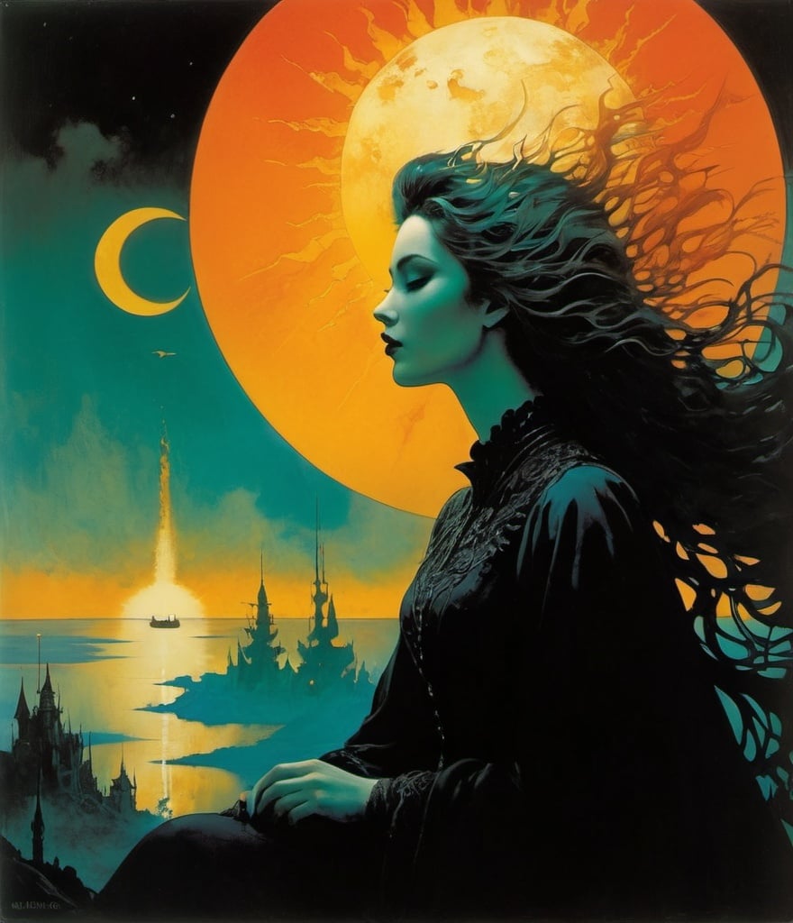 Prompt: She spends her days longing for adventures, wanting to be different but the Sun would go down without a change and the darkness would take her dreams away, Art by Leonor Fini, Becky Cloonan, Chris Bachalo, Zdzislaw Beksinski, Esao Andrews