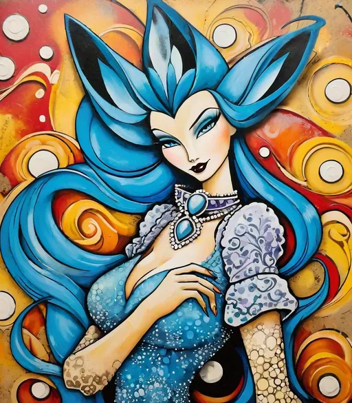 Prompt: tex avery's graffiti goddess, stylized, decoupage, encaustic painting 