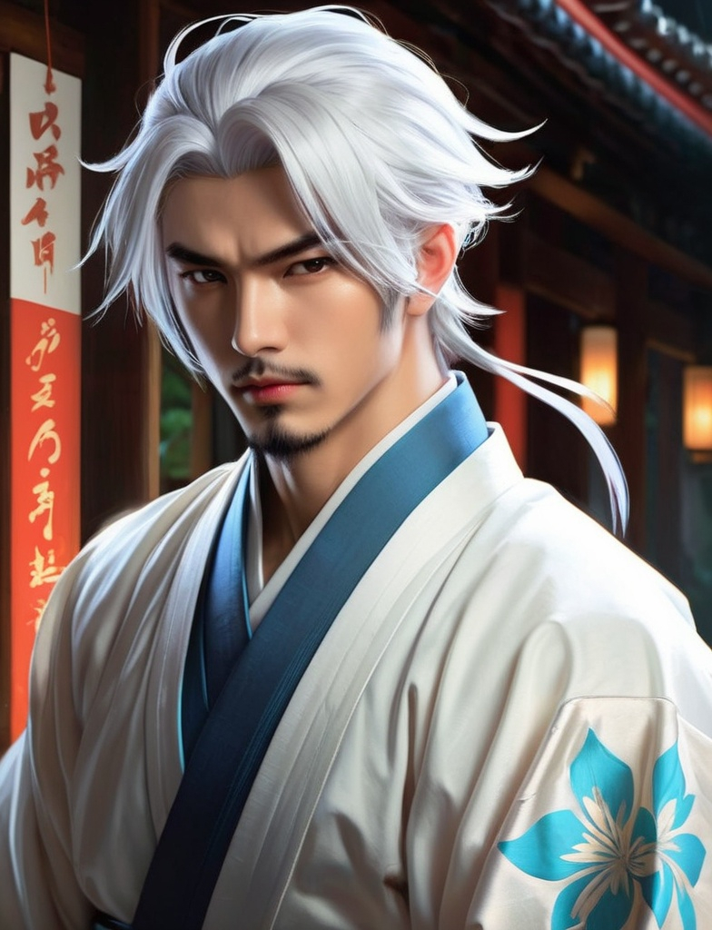 Prompt: sesshoumaru as a realistic very handsome man. Art by artgerm and Daniel gerhartz, josef kote, Tom Bagshaw, Vincent Van Gogh, Luis Ricardo Falero, artgerm , Katsushika Hokusai, artstation's huang guangjian, gil elvgren, sachin teng, Viktoria Gavrilenko. Iridescent glow, 3d. Photorealistic, 3d, extremely detailed