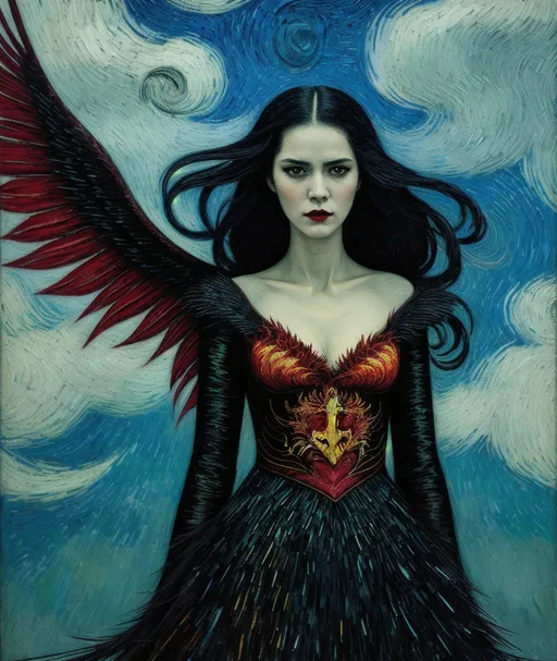 Prompt: like a phoenix she will rise and claim her revenge, the heroic female vampire standing tall against the world, vaudeville, modernist, Lin Fengmian, Anna dittmann, Justin Gaffrey, John Lowrie Morrison, Patty Maher, John Ruskin, Chris Friel, van Gogh, Valerie Hegarty, endre penovac