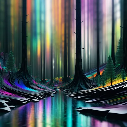 Prompt: carboniferous forest, glitched, glitch, noise, random colored and random textured, spontaneous lighting, random particles, chaotic textures, fractals, duality, color disruption occasional blur, distortion, image errors, artifacts, aberration, scanlines, slivers of television static, disintegration, rgb errors, null, void, inverted, censorship