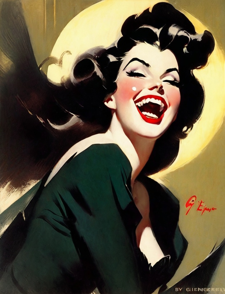 Prompt: laughing vampire woman with long fangs. Beautiful. Pale skin. Ruby lips. Dark flowing hair. Art by Gil Elvgren.