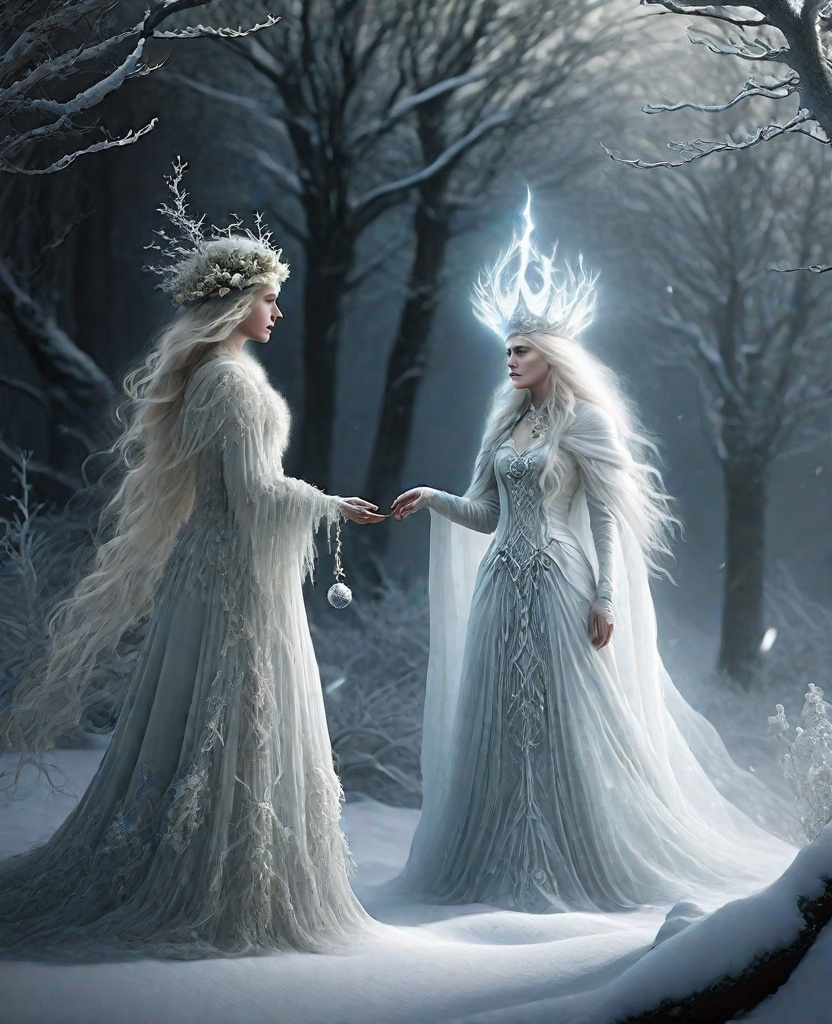 Prompt: great expectations from the cold hearted frigid bifrost goddess Estella guarded by miss Havisham the old snow witch 