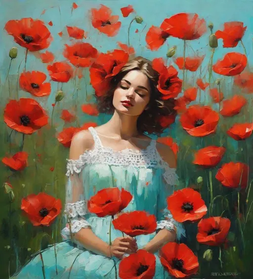 Prompt: Thick palette knife drawing, art by Beth Conklin and Esteban Cortazar: a pretty girl sitting in a garden of poppies poppies and butterflies. Tall red poppies touching her face, butterflies flying around her head. The red flowers color pops up against the light blue sky. large brush strokes, oil painting, she is wearing a white dress and green lace.
