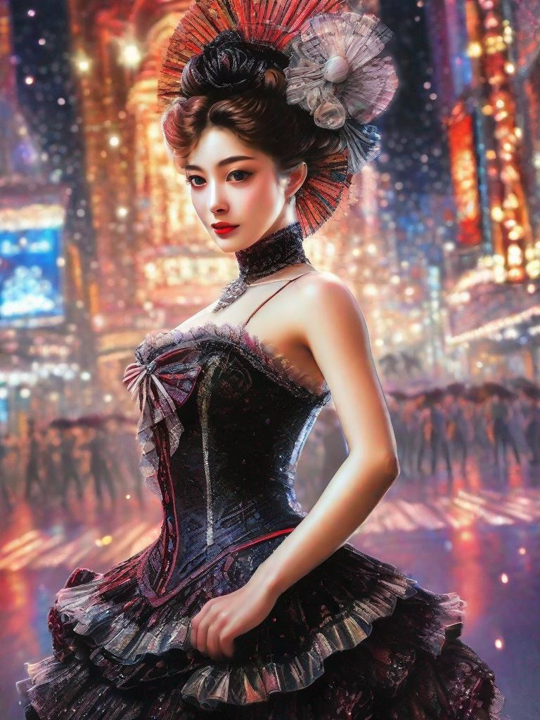 Prompt: cancan dancers at broadway in 1830, portrait, sparkle and glittery style, spot light, delicate costumes, ultra high definition, anime style by Inoue Takehiko. Extremely detailed, 3d