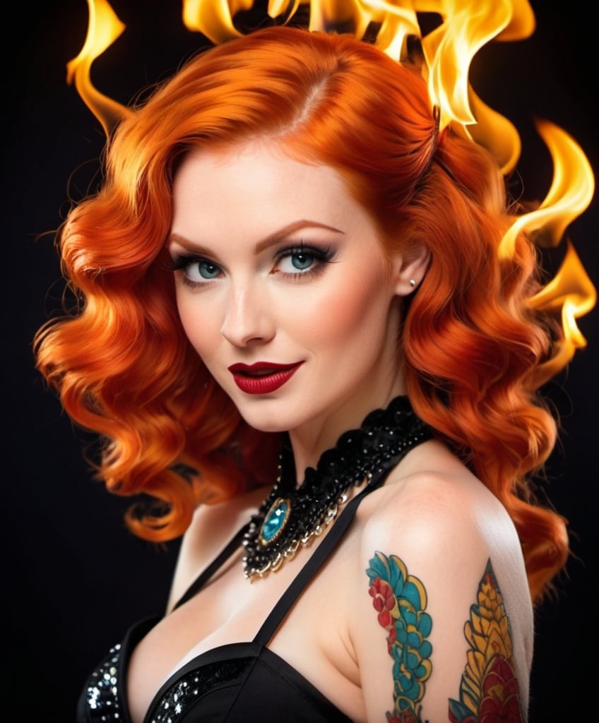 Prompt: Ginger Vampire pin up firey freakshow, kaleidoscopic toothpick waves 