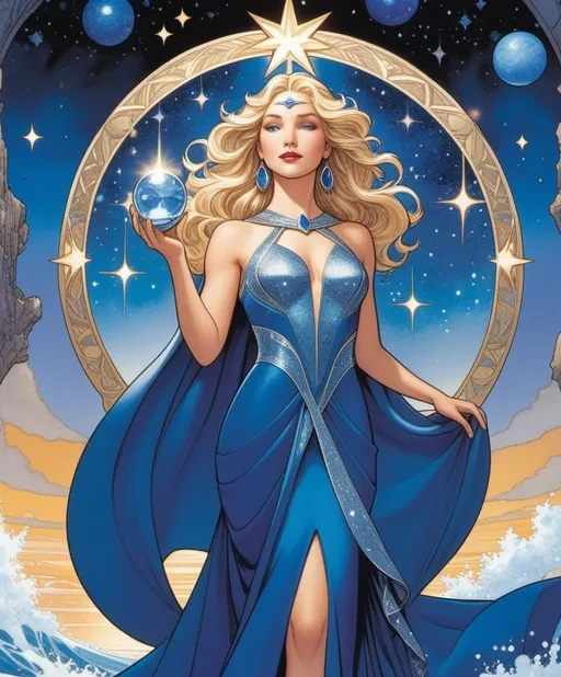 Prompt: Summon Serena, a sapphire-eyed siren, standing serenely beneath a star-strewn sky, surrounded by shimmering sapphire streams, sporting a satin gown, and sipping from a silver chalice, style by Amanda Sage, Dan Spiegle, Chris Sanders, David Salle