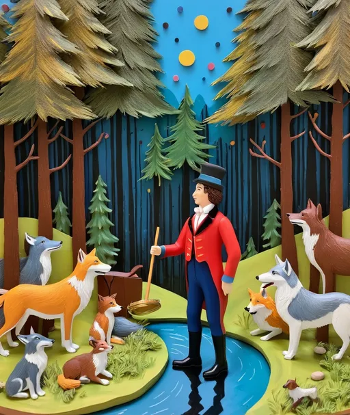 Prompt: "Peter and the Wolf", vaudeville-style, naive art, 3d, extremely detailed 