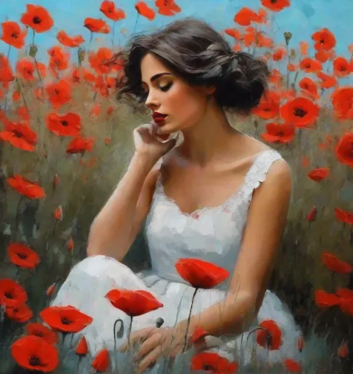 Prompt: Thick palette knife drawing, art by Beth Conklin: a pretty girl and the butterflies sitting through the poppies. Tall red poppies touching her face, the butterflies flying around her head. The red flowers color pops up against the light blue sky. large brush strokes, oil painting, she is wearing a white dress.