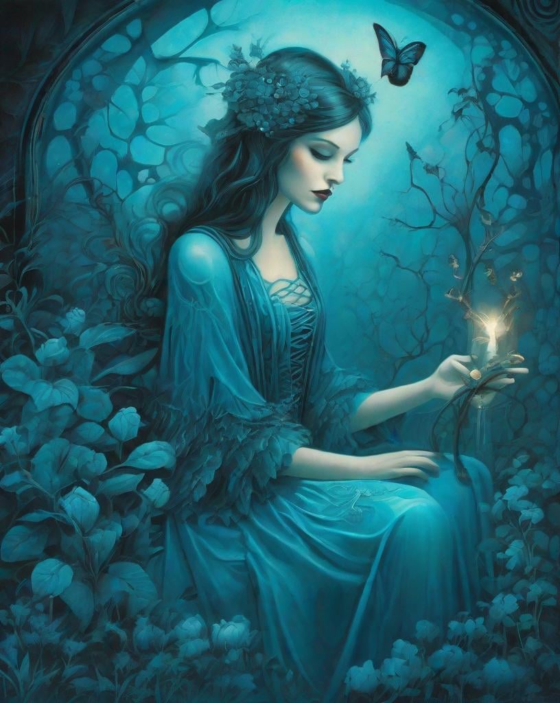 Prompt: Girl surreal gothic rebellious fairy, Sabbas Apterus, Herbert Bayer, Bridget Bate Tichenor, Henry Selick, Pal Szinyei Merse, Stanislaw Szukalski, Adolf Wolfli, lost childhood dreams, extremely detailed, whimsical gothic night garden, blue gradient tones, turquoise glow, lighting paint.