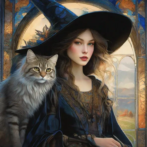 Prompt: A beautiful girl witch and her fluffy bicolor magical cat art style by Leiji Matsumoto, Marianne Stokes, endre penovac, catrin welz Stein, Mondrian, James jean. High quality, highly detailed, intricate details.dynamic lighting award winning fantastic view ultra detailed high definition hdr focused glow shimmer